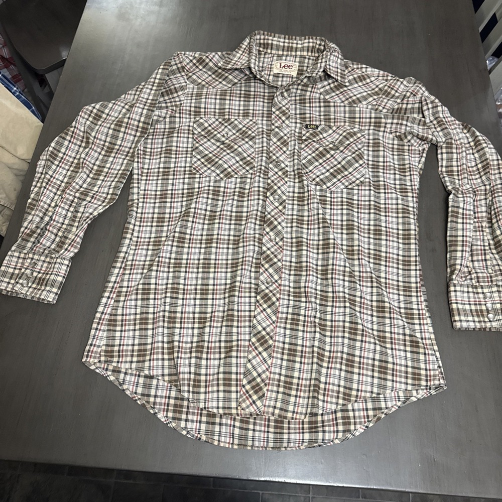 VTG Lee Western Shirt Mens Large Pearl Snap Extra Long Tails Brown Plaid USA